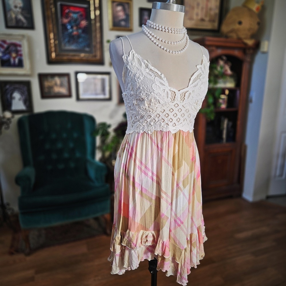 Free People FP One Lace Plaid Boho Slip Dress Crochet Bodice Festival Mini